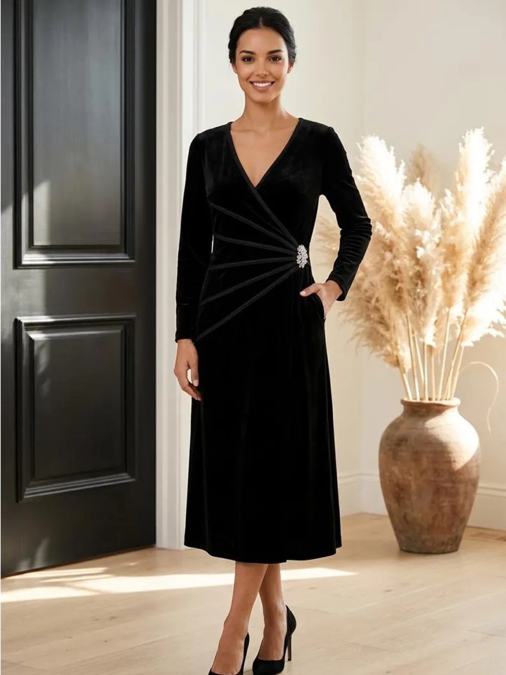 Connected Apparel Black Stretch Velvet Ruched Dress Size 12